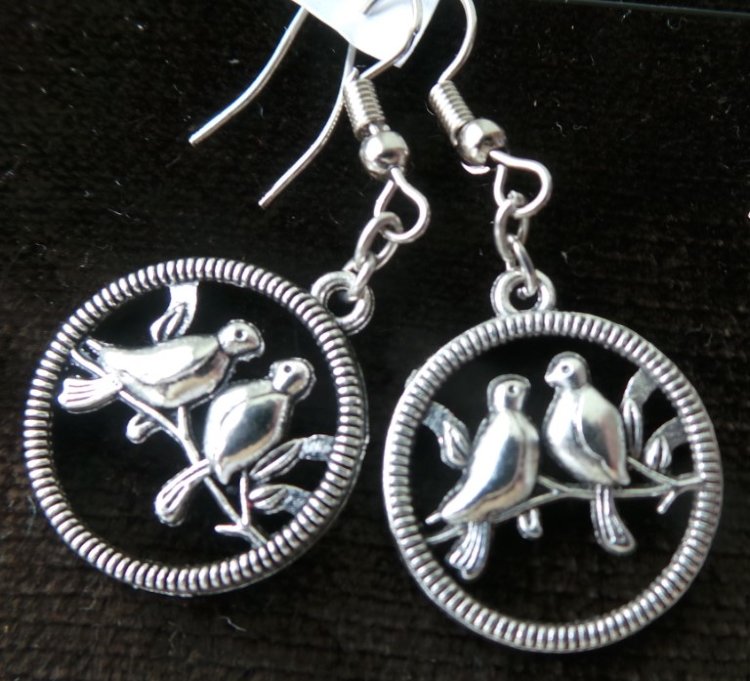 Серьги Две птицы на ветке, черненый металл, 4 см